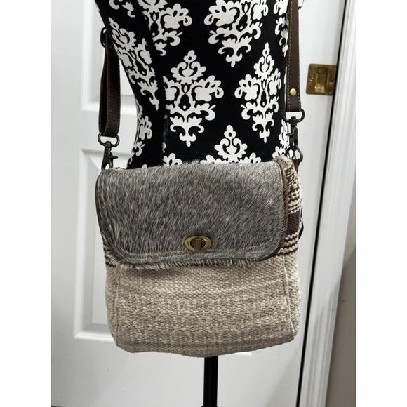 Myra Bag Convertible Crossbody Backpack Cow Hair On Hide Canvas Leather Strap - Picture 4 of 12